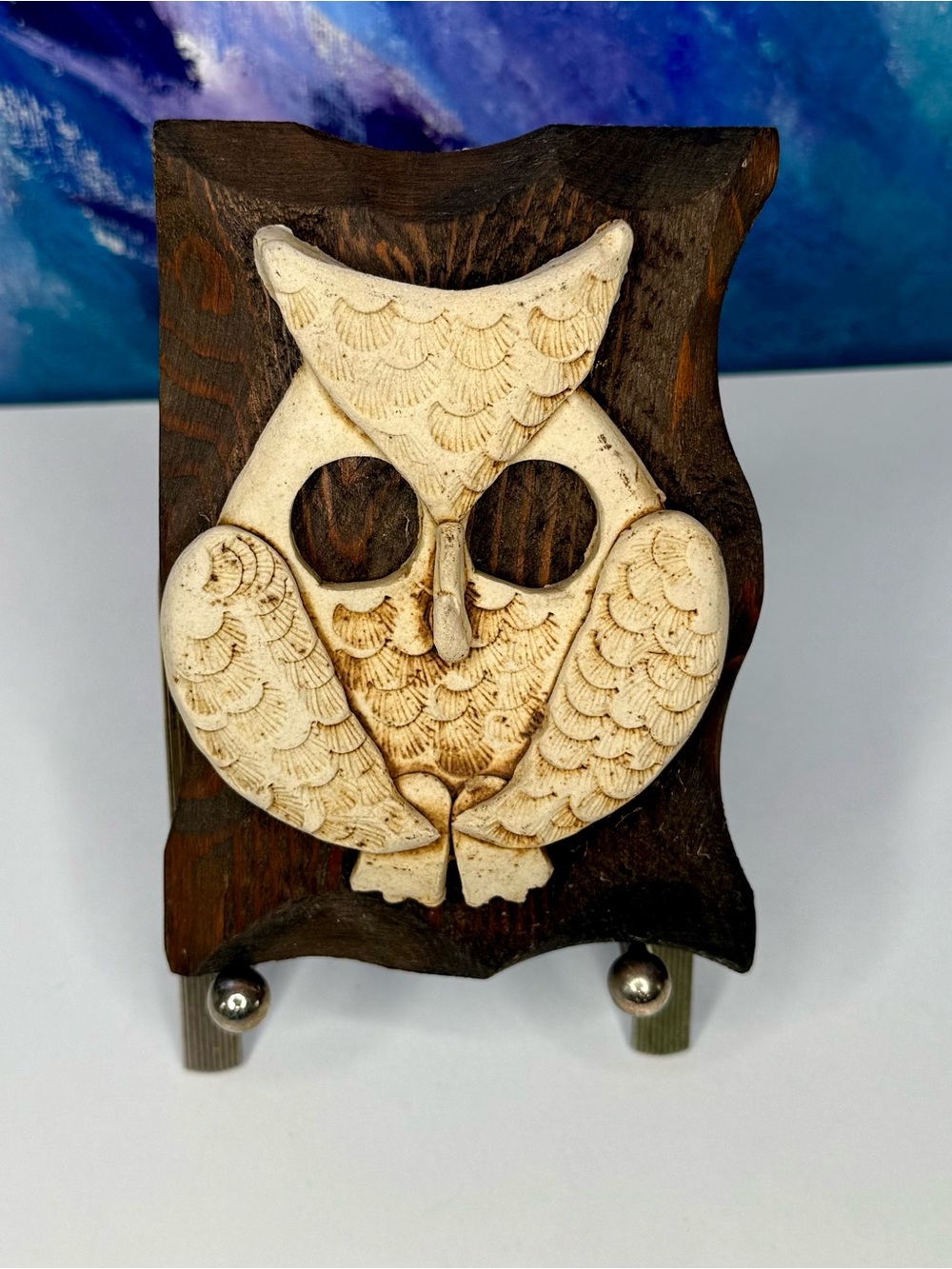Clay Owl on Wood Plaque Wall Decor Vintage MCM Midcentury The Akron California